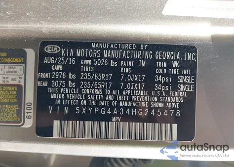 2017 Kia Sorento 2.4L Lx z USA, uszkodzony, nr VIN 5XYPG4A34HG245478